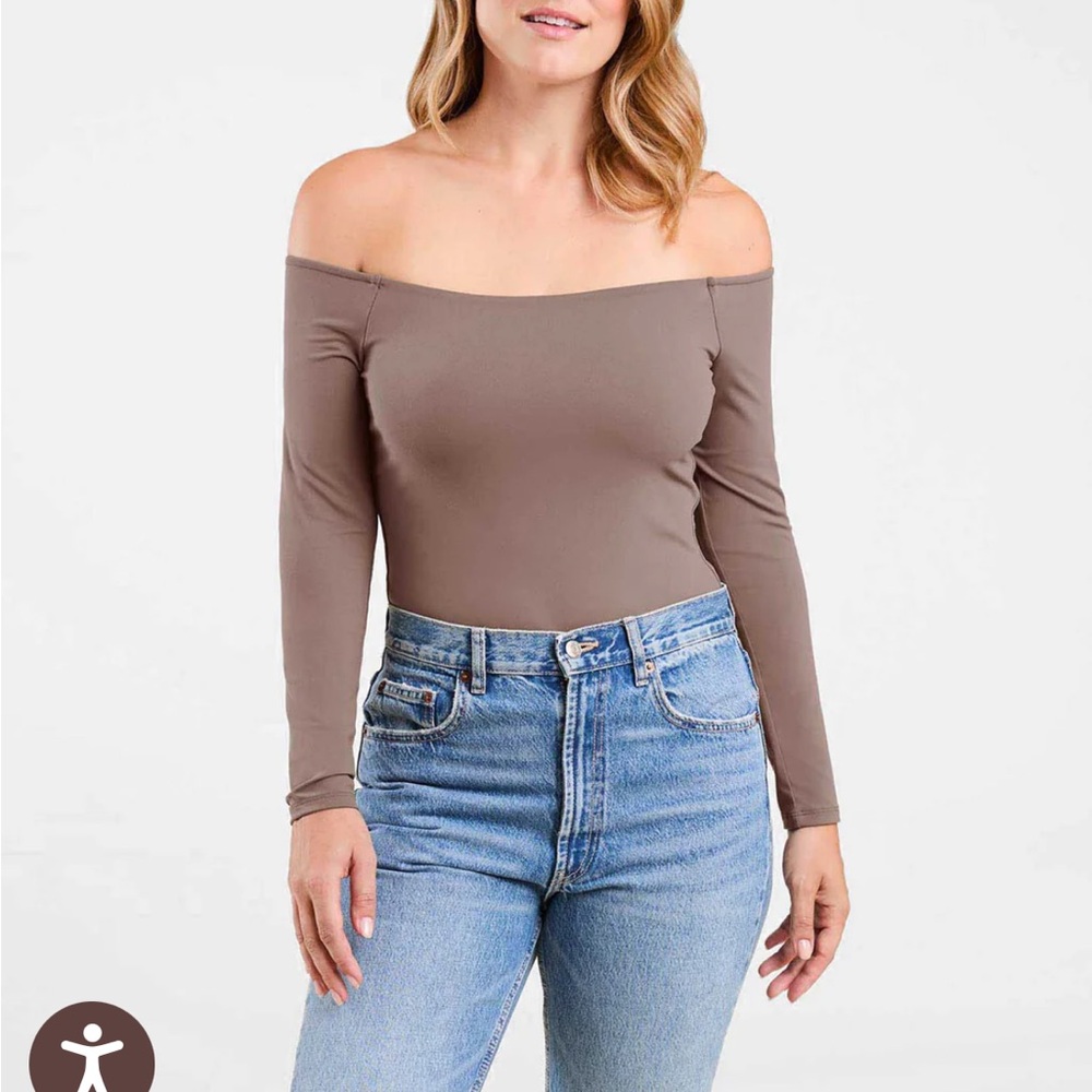 Nuuds Mocha Off-Shoulder Long Sleeve Bodysuit